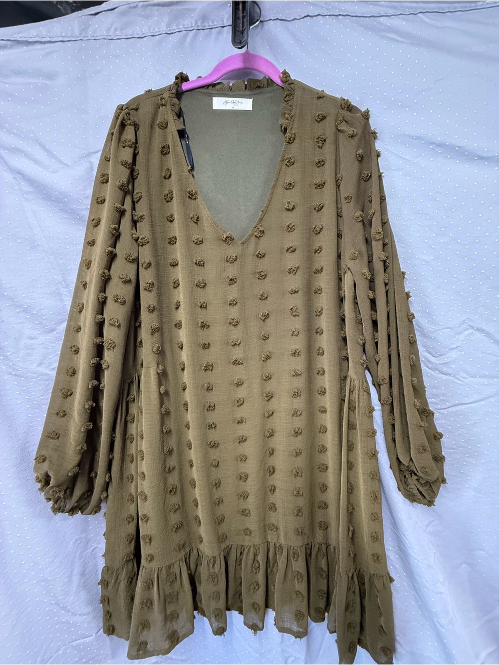 Altar'd State Olive Pom-Pom V-Neck Long Sleeve Dress